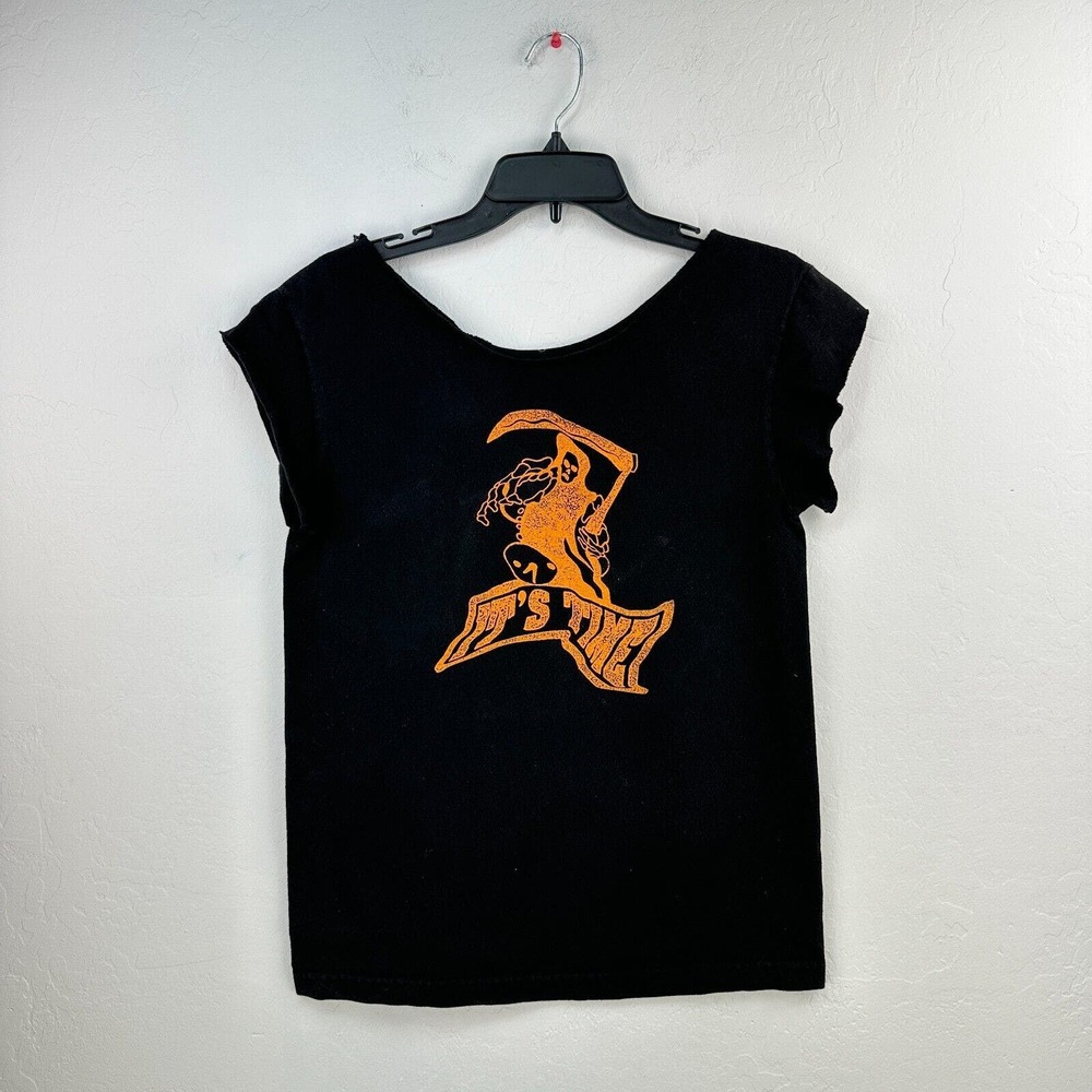 Vtg Grim Reaper T-shirt Mens M Black Orange Its Time Graphic‎ Tee Cut Off Sleeve